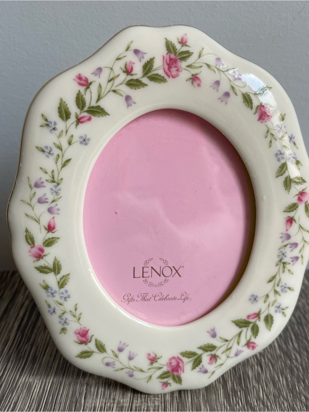 Delicate Vintage Lenox White Porcelain Oval Frame with Pink Rose Garland